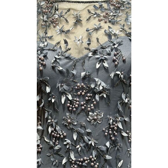 Theia Flounce Sleeve 3-D Embroidered and Beaded  Dusty Blue Gown Size 2 - Picture 10 of 14